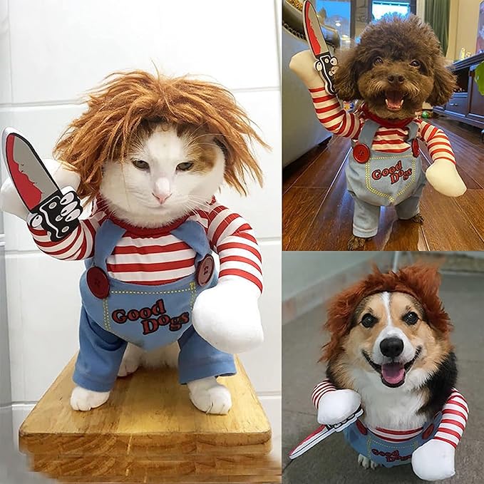 Dog Halloween Costumes, Deadly Doll Dog Costume,Chucky Dog Costume with Knife for Pets, Funny Dog Costumes Halloween for Large Dogs [L]