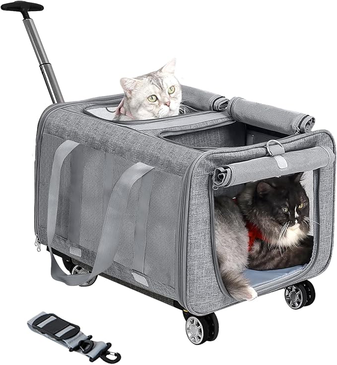 Double Compartment Cat Carrier with Wheels for 2 Cats,Rolling Cat Travel Carrier on Wheels for 2 Small or Medium Cats, Cat Carrier for 2 Cats 21" x 17" x 13",Not Airline Approved