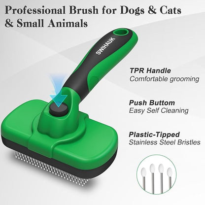 Swihauk Self Cleaning Slicker Brush for Dogs & Cats - Skin Friendly Deshedding Brush for Long and Short Haired Pets, Grooming Brush, Green