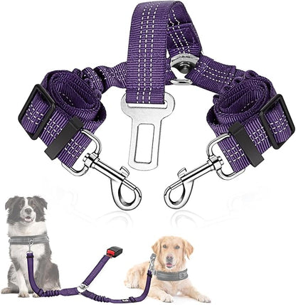 SlowTon Dog Seat Belt, Double Dog Seatbelt Adjustable Vehicle Safety Leash with Elastic Bungee Buffer, Reflective No Tangle Y Shape Two Dog Harness Seat Belt Splitter for Pets Car Trip (Purple, M)