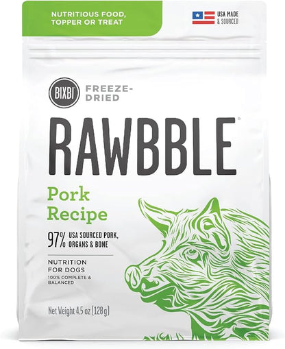 BIXBI Rawbble Freeze Dried Dog Food, Pork Recipe, 4.5 oz - 97% Meat and Organs, No Fillers - Pantry-Friendly Raw Dog Food for Meal, Treat or Food Topper - USA Made in Small Batches