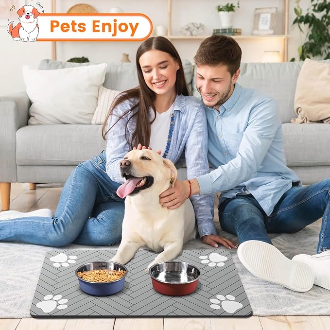 Pet Feeding Mat-Absorbent Pet Placemat for Food and Water Bowl, with Waterproof Rubber Backing, Quick Dry Water Dispenser Mat for Dog and Cat (17"x27", Striped Light Gray)