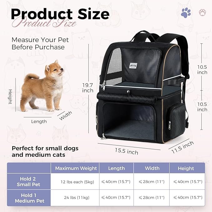 Lekebobor Cat Backpack Carrier for 2 Cats, Double-Compartment Pet Carrier Backpack for Two Small Cats or One Medium Dogs, Cats Carrier Backpack Dog Carrier Backpack Fits Up to 24 Lbs,Quilted Black