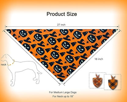 2PCS Fall Dog Bandanas,Thanksgiving Dog Scarf,Triangle Reversible Pet Outfit for Boys and Girls' Dogs,Pumpkin and Spider Web Bibs,Orange Plaid Halloween Dog Bandana for Medium to Large Dogs