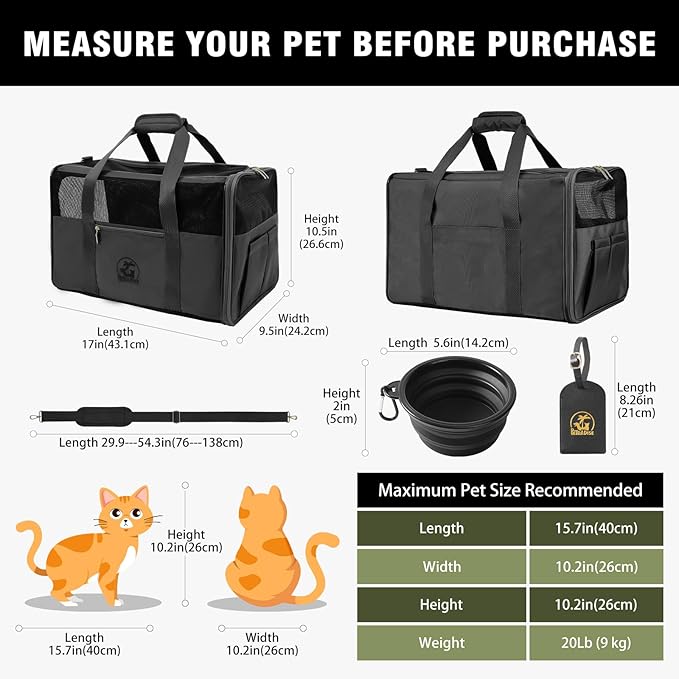 Luxury Pet Carrier for Dogs, Cats, Puppies - Airline TSA Approved, Durable Anti-Scratch Fabric, Soft-Sided, Consistent Airflow, Foldable Design, Cushion Pad, Travel (Black, Medium)