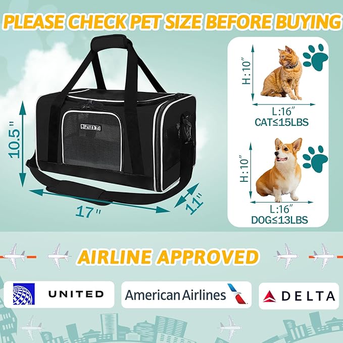 Petskd Pet Carrier 17x11x10.5 Delta American United Airline Approved, Pet Travel Carrier Bag for Small Cats and Dogs, Cat Soft Sided Carrier with Safety Lock Zippers, 5-Sided Breathable Mesh(Black)