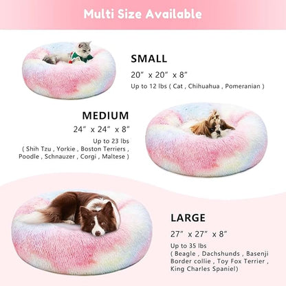 Western Home Faux Fur Dog Bed & Cat Bed, Original Calming Dog Bed for Small Medium Large Pets, Anti Anxiety Donut Fluffy Cuddler Round Warm Washable Cat Bed for Indoor Cats(27", Rainbow)