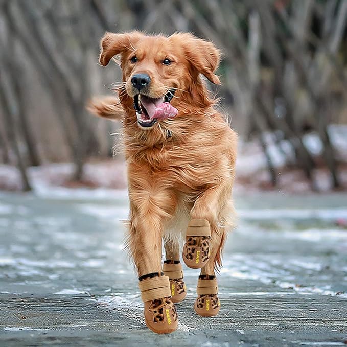 QUMY Dog Shoes for Large Dogs, Medium Dog Boots & Paw Protectors for Winter Snow Day, Summer Hot Pavement, Waterproof in Rain Weather, Outdoor Walking, Indoor Hardfloors Anti Slip Sole Leopard Size 2