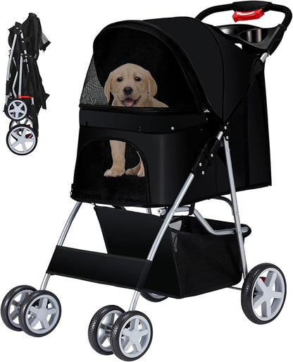 Pet Stroller 4 Wheels Dog Cat Stroller for Medium Small Dogs Cats, Folding Cat Jogger Stroller with Storage Basket & Breathable Mesh, Easy to Walk Travel Carrier, Black