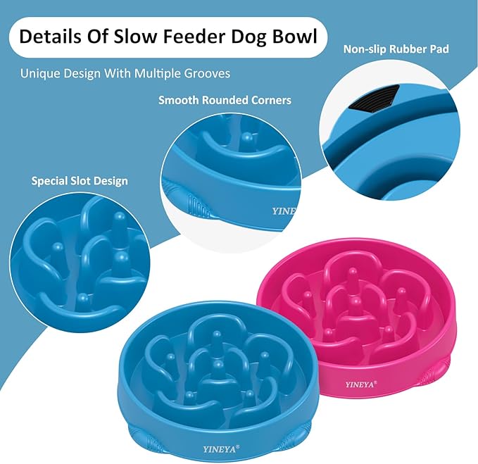 4 Cups Pet Food Bowls for Large Dogs, Slow Feeder Pet Bowls for Dogs, Anti-Slip Large Dog Bowl Slow Feeder, Large Dog Feeder to Slow Down Eating 2Pcs Rose Red&Dark Blue