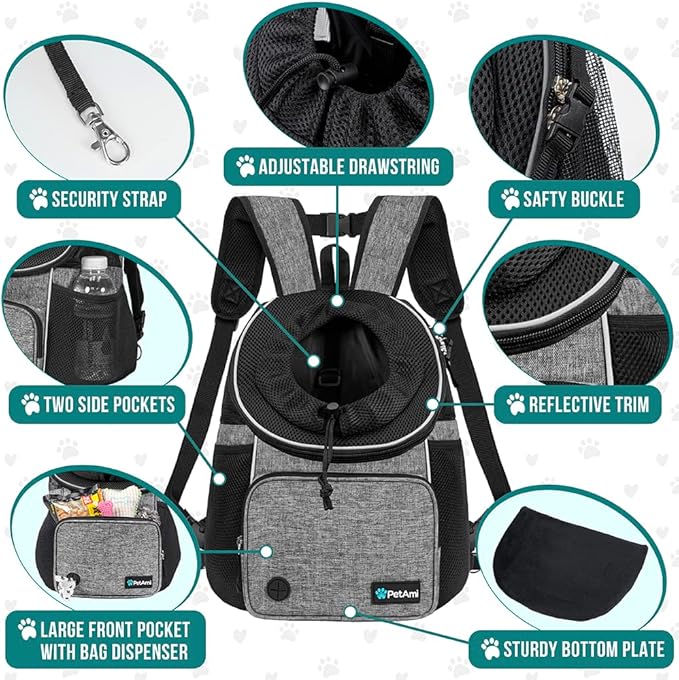 PetAmi Dog Front Carrier Backpack, Adjustable Pet Cat Chest Ventilated Dog Carrier for Hiking Camping Travel, Small Medium Puppy Large Cat Carrying Bag, Max 10 lbs, Gray