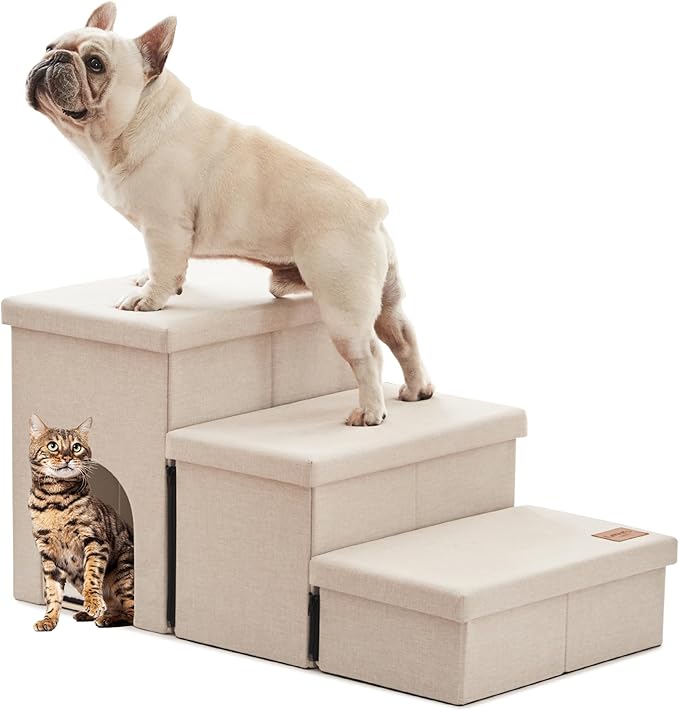 Love's cabin Dog Stairs for Small Medium or Large Dogs with Storage and Condo Couch,3-Step Gray 200 lbs,Beige