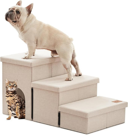 Love's cabin Dog Stairs for Small Medium or Large Dogs with Storage and Condo Couch,3-Step Gray 200 lbs,Beige