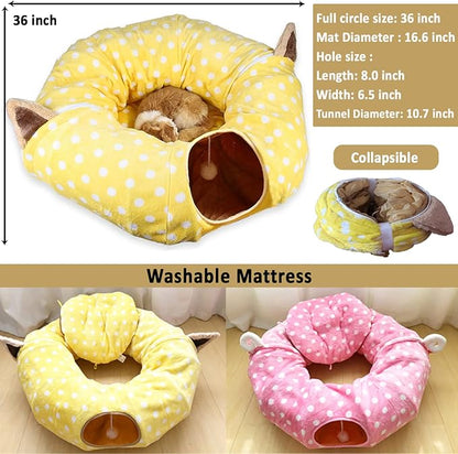 AUOON Cat Tunnel Bed with Central Mat,Big Tube Playground Toys,Soft Plush Material,Full Moon Shape for Kitten,Cat,Puppy,Rabbit,Ferret,Yellow