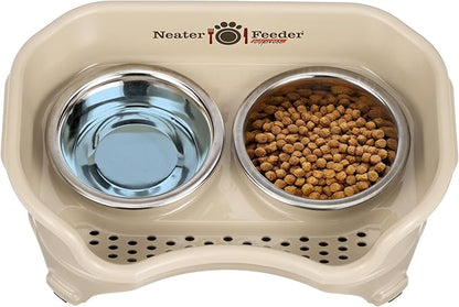 Neater Feeder - Express Model - Mess-Proof Cat Bowls (Cat, Almond) – Made in USA – Elevated, No Spill, Non-Tip, Non-Slip, Raised Stainless Steel Food & Water Pet Bowls