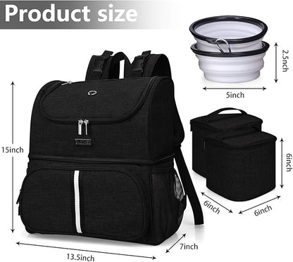 BAGLHER Pet Travel Bag, Double-Layer Pet Supplies Backpack (for All Pet Travel Supplies), Pet Travel Backpack with 2 Silicone Collapsible Bowls and 2 Food Baskets Black