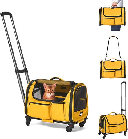 Cat Carrier with Wheels, Foldable Airline Approved Dog Cat Carrier with Wheels for Cat Dog Under 20 lbs, Rolling Cat Carrier Travel Bag with Telescopic Handle for Walking Travel Vet Visits