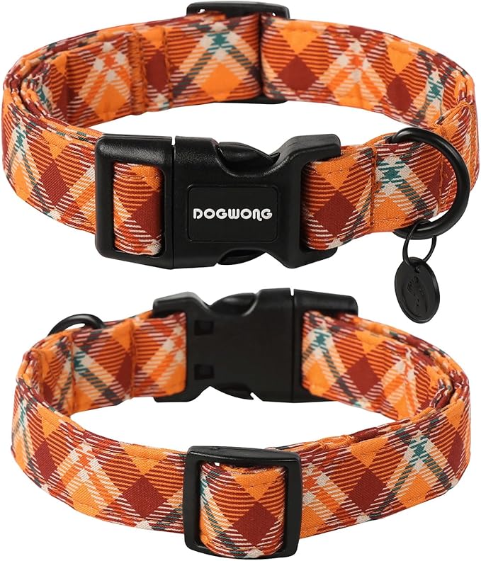 DOGWONG Fall Plaid Cotton Dog Collar, Orange Plaid Halloween Dog Collar Soft Adjustable Gingham Fall Dog Necklace for Small Boy Girl Puppy Dog