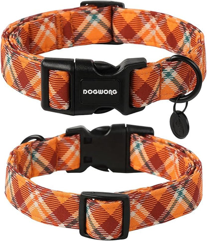 DOGWONG Fall Plaid Cotton Dog Collar, Orange Plaid Halloween Dog Collar Soft Adjustable Gingham Fall Dog Necklace for Small Boy Girl Puppy Dog