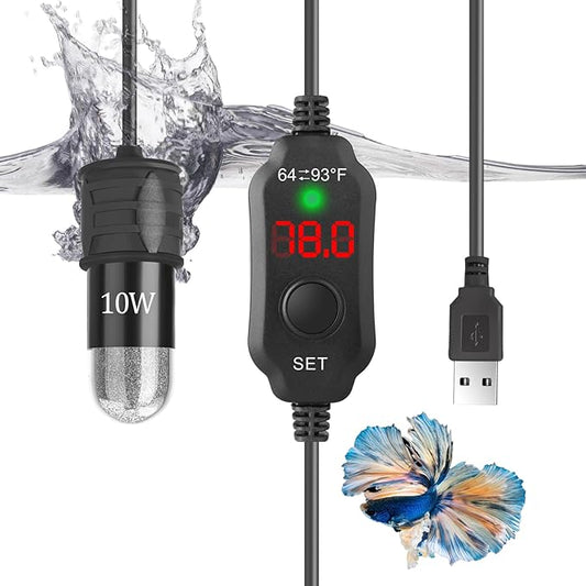 Mini Aquarium Heater 10W Super Small Fish Tank Heater with Digital Display Thermostat, 5V/2A USB Powered Betta Tank Heater Turtle Heater Small Aquarium Heater for Tanks up to 1 Gallon