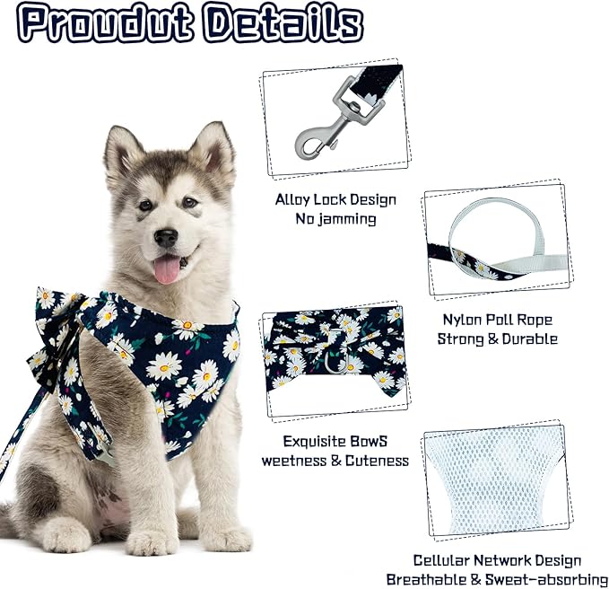 Dog Harness Vest Set for Small Girl Dogs with D-Ring Soft Comfortable Mesh Dog Harness Vest Pet Daisy Floral Bow Tie for Small Medium Large Dogs (Dark blue, S)