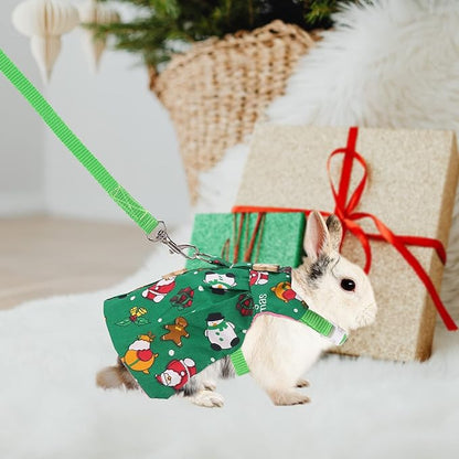 Adjustable Christmas Rabbit Harness and Leash Set, Small Animal Christmas Costume Bunny Clothes Santa Snowman Pattern Outfit for Ferret Guinea Pig Rabbit Bunny Hamster(Green/M)