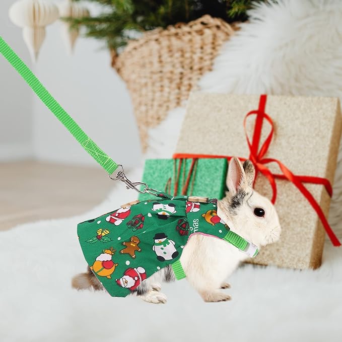 Adjustable Christmas Rabbit Harness and Leash Set, Small Animal Christmas Costume Bunny Clothes Santa Snowman Pattern Outfit for Ferret Guinea Pig Rabbit Bunny Hamster(Green/S)