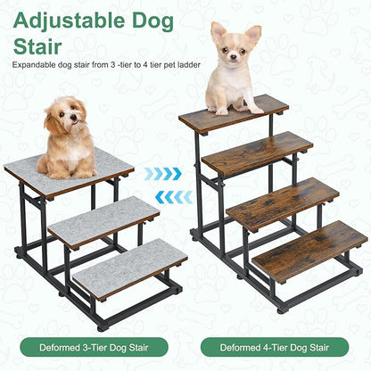 4 -Tier Adjustable Pet Dog Stairs for High Bed & Couch, Vintage Wood Dog Steps for Medium & Small Dog,Deform 4 Step to 3 Step Dog Stair, Older Dogs,Height-Adjustable and Stable Pet Steps