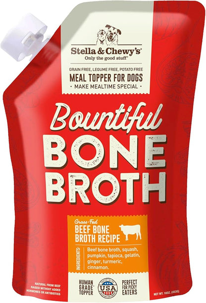 Stella & Chewy's Bountiful Bone Broth Grass-Fed Beef Recipe Meal Topper for Dogs, 16 Oz. Resealable Pouch