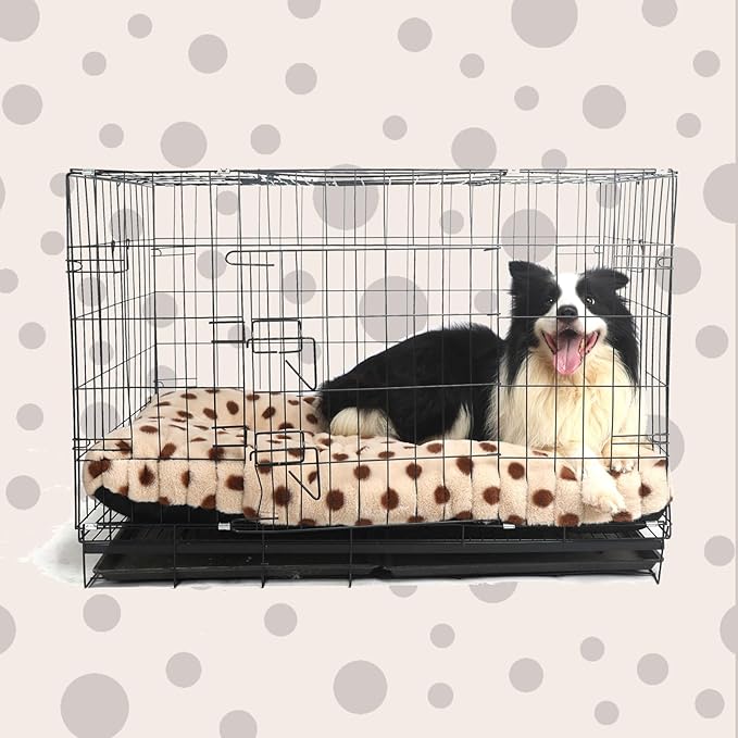 42 Inch Dog Bed Plush and Washable Dog Crate Pad 42x28 for Large Dogs, Comfortable Dog Bed for Kennel Large, Anti-Slip, Beige with Coffee Dots, Suitable for Dogs up to 80 lbs