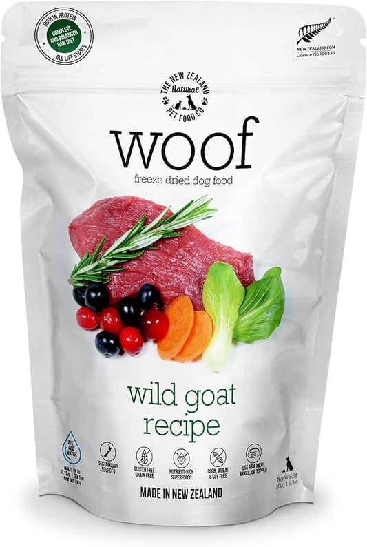 WOOF Wild Goat Freeze Dried Raw Dog Food, Mixer, or Topper, or Treat - High Protein, Natural, Limited Ingredient Recipe 9.9oz