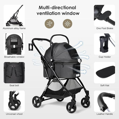 Medium Pet Stroller for Small Dogs & Cats 180° Canopy 3-in-1 Pet