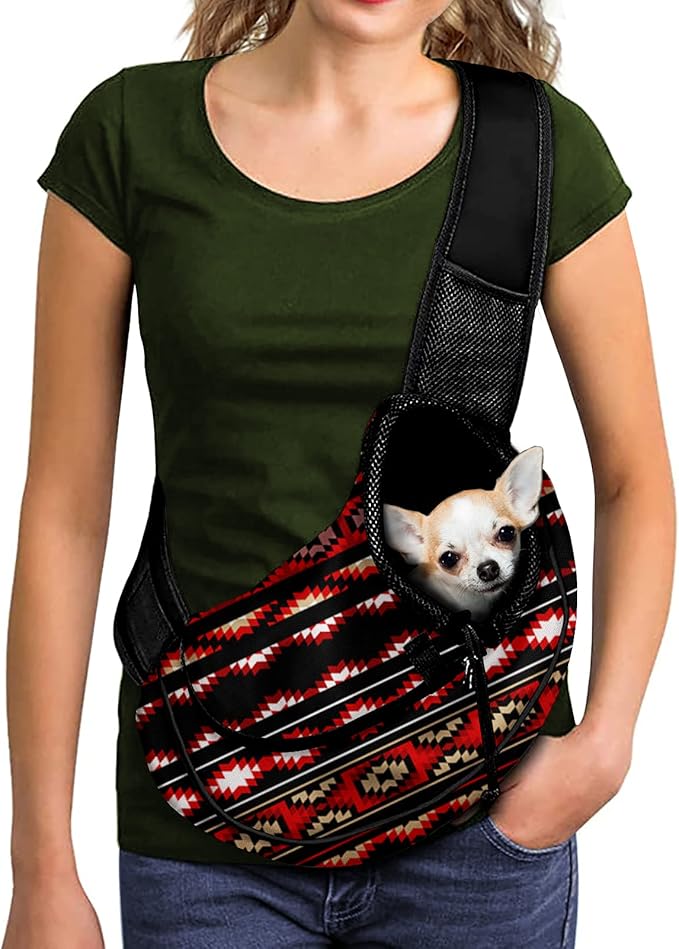 FUSURIRE Aztec Pattern Front Sling Puppy Carrier, Tribal Geometry Print Travel Pet Carrier Bag for Small Dog Cats Outdoor Hands Free Pet Carrier Backpack with Adjustable Strap, Red