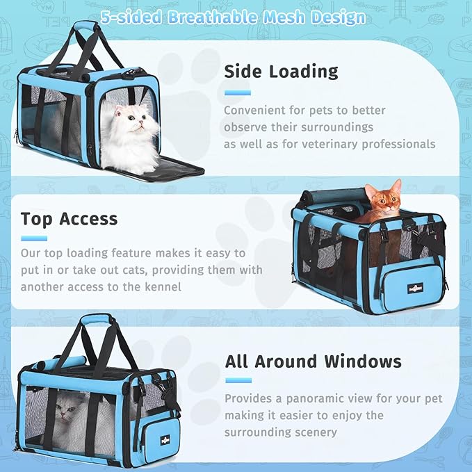 Pet Carrier, Collapsible Airline Approved Dog Cat Carrier, Soft Top Load Cat Carrier Bag for Small Medium Cat & Dog Under 20 lbs, Cat Travel Carrier Bag with Safety Lock Zipper, Blue