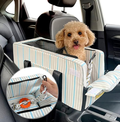 Dog Car Seats for Small Dogs with Toy Including, Console Dog Car Seat, Puppy Car Seat, Center Console Dog Car Seat Washable, Car Armrest Included Safety Tethers and Dog Toy by PETULINA (Blue)