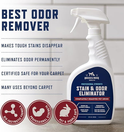 Rocco & Roxie Supply Co. Stain & Odor Eliminator for Strong Odor, 32oz Enzyme Pet Odor Eliminator for Home, Carpet Stain Remover for Cats & Dog Pee, Enzymatic Cat Urine Destroyer, Carpet Cleaner Spray