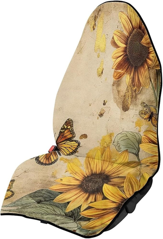 Vintage Sunflower Waterproof Towel Car Seat Cover Anti-Slip Bucket Seat Protector Washable Car Decro for Athletes
