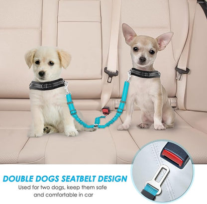 SlowTon Dog Seat Belt, Double Dog Seatbelt Adjustable Vehicle Safety Leash with Elastic Bungee Buffer, Reflective No Tangle Y Shape Two Dog Harness Seat Belt Splitter for Pets Car Trip (Mint Blue, S)