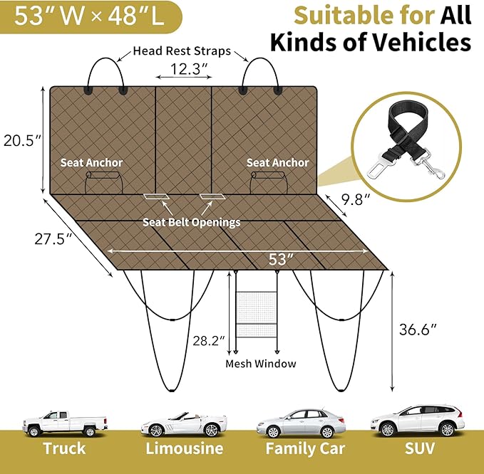 Easy-Going Waterproof Back Seat Extender for Dogs (53"x48", Camel)