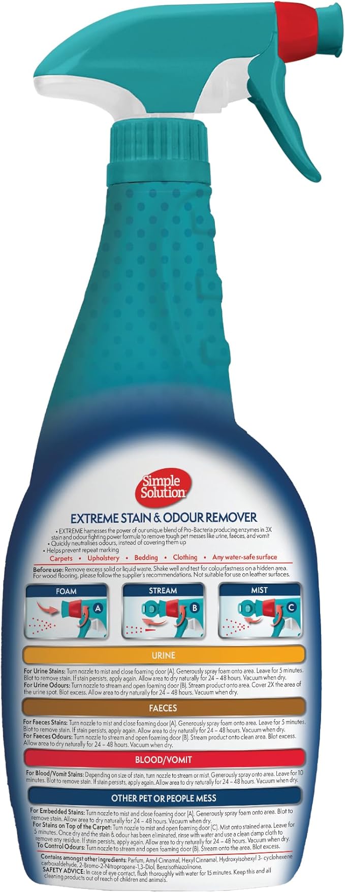 Simple Solution Extreme Pet Stain and Odor Eliminator Spray, Enzymatic Cleaner With 3X Pro-Bacteria Cleaning Power for Dogs & Cats, Strong Urine, Pee and Poop Smell Remover for Carpets & Floors, 32 oz