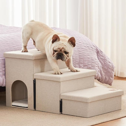Love's cabin Dog Stairs for Small Medium or Large Dogs with Storage and Condo Couch,3-Step Gray 200 lbs,Beige