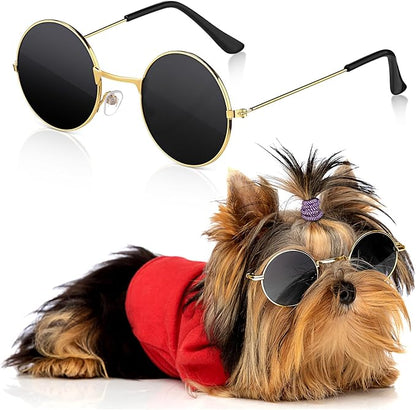 Dog Sunglasses Retro Pet Glasses Doll Glasses Classic Round Dog Glasses Metal Cat Puppy Eye Wear Hippie Costumes for Cats and Dogs