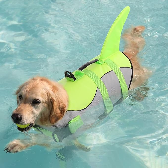 Queenmore Dog Life Jacket Ripstop Shark Dog Safety Vest Adjustable Preserver with High Buoyancy and Durable Rescue Handle for Small