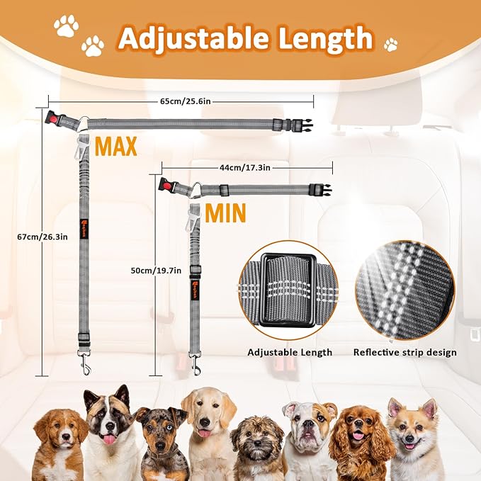 Removable Dog Seat Belts Harness for Car, 3 in 1 Pet Dog Car Seatbelt Leash, laqibak Restraint Secures to Headrest and Reflective Effect Adjustable Bungee Dog Seatbelt Tether, 2PCS and Poop Bag Holder