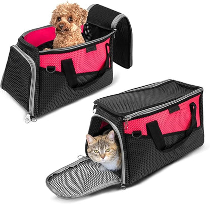 Cat Carriers and Dog Carrier for Small and Medium Pets,Airline Cpproved Pet Carrier Soft Faced Foldable Cat Carrier. (Large, Red)