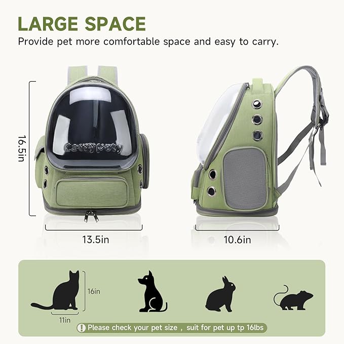 Cat Backpack Carrier, Breathable Cat Carrier Large Space Bubble Pet Backpack for Kitty Small Dog up to 15lbs, Transparent & Foldable Pet Carrier for Travel Hiking