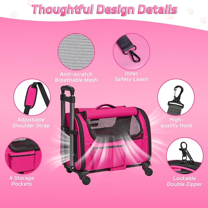 Cat Carrier with Wheels, Foldable Airline Approved Dog Cat Carrier with Wheels for Cat Dog Under 20 lbs, Rolling Cat Carrier Travel Bag with Telescopic Handle for Walking Travel Vet Visits