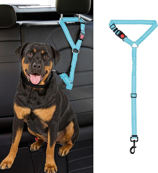 Dog Cat Safety Seat Belt Strap Car Headrest Restraint Adjustable Nylon Fabric Dog Restraints Vehicle Seatbelts Harness (SkyBlue Elastic Bungee)