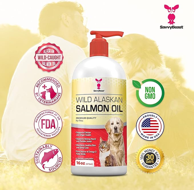 Wild Alaskan Salmon Oil for Dogs, Cats, Ferrets: Unscented Anti-Itch Skin and Coat Supplement with Omega-3 Vitamins - Liquid Fish Allergy Relief Pump on Food - Kitten Supplies & Accessories Stuff