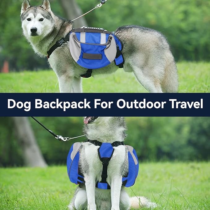 Dog Backpack Harness, Travel Camping Dog Saddle Bag Dog Hiking Backpack with Reflective Strip for Small Medium Large Dog(M)